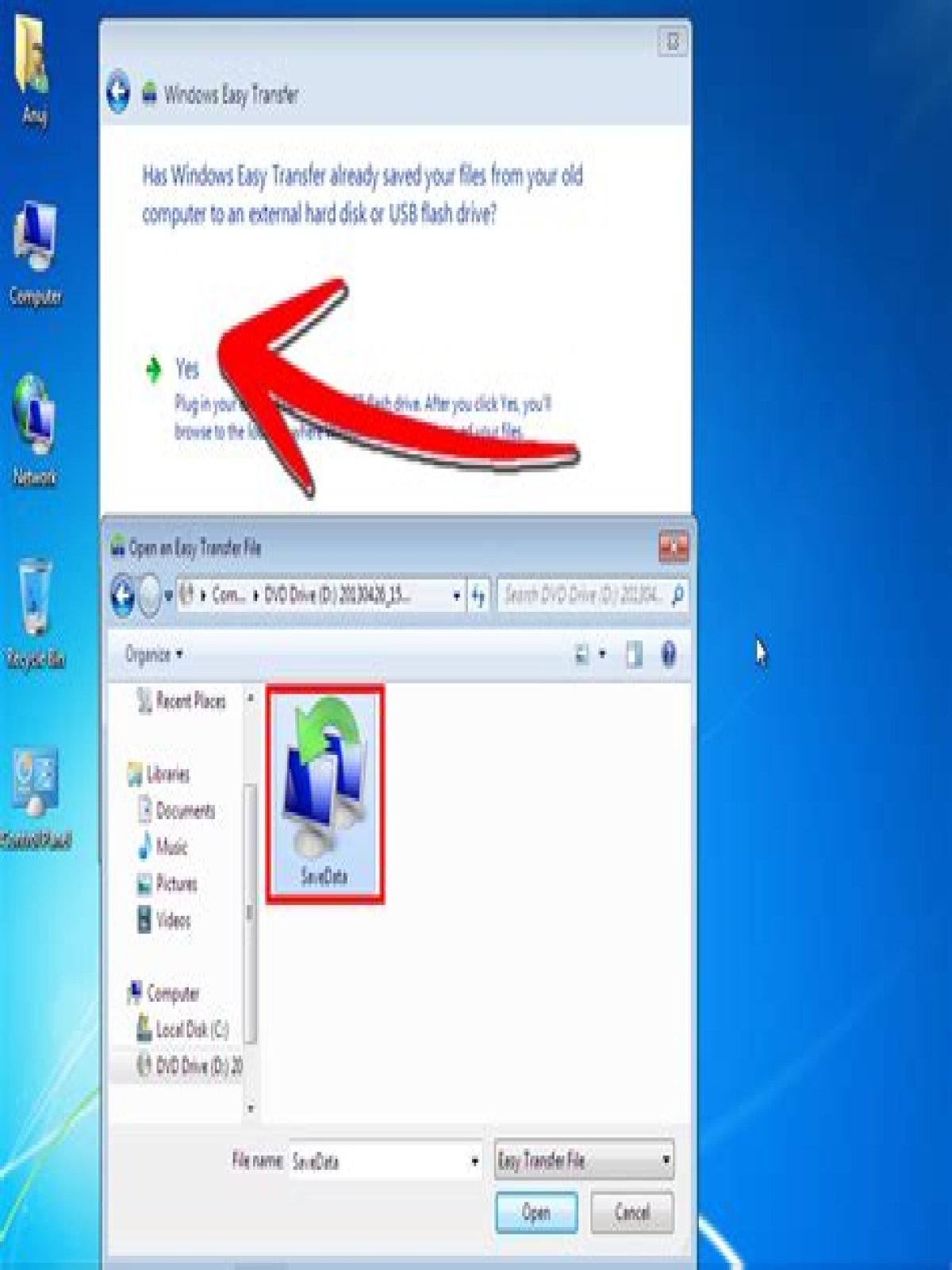 How do I transfer files from Windows XP to Windows 7?