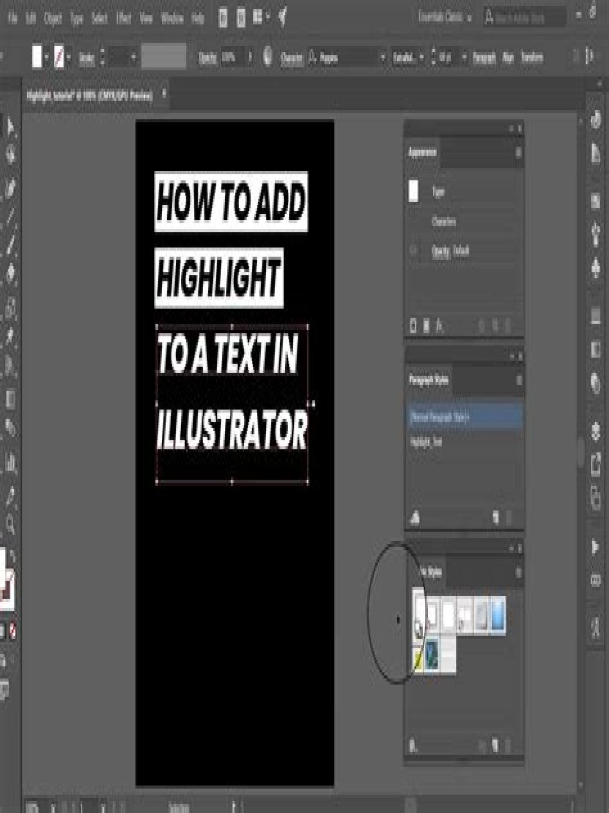 How do you highlight text in Illustrator?